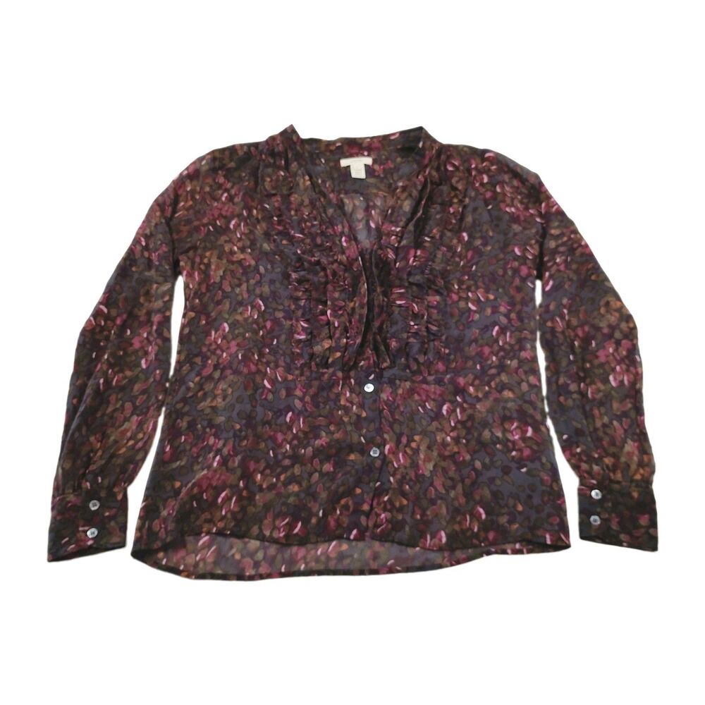 J.Crew 100% Silk Floral Ruffle Blouse Size 6 Sheer Boho Romantic Long Sleeve